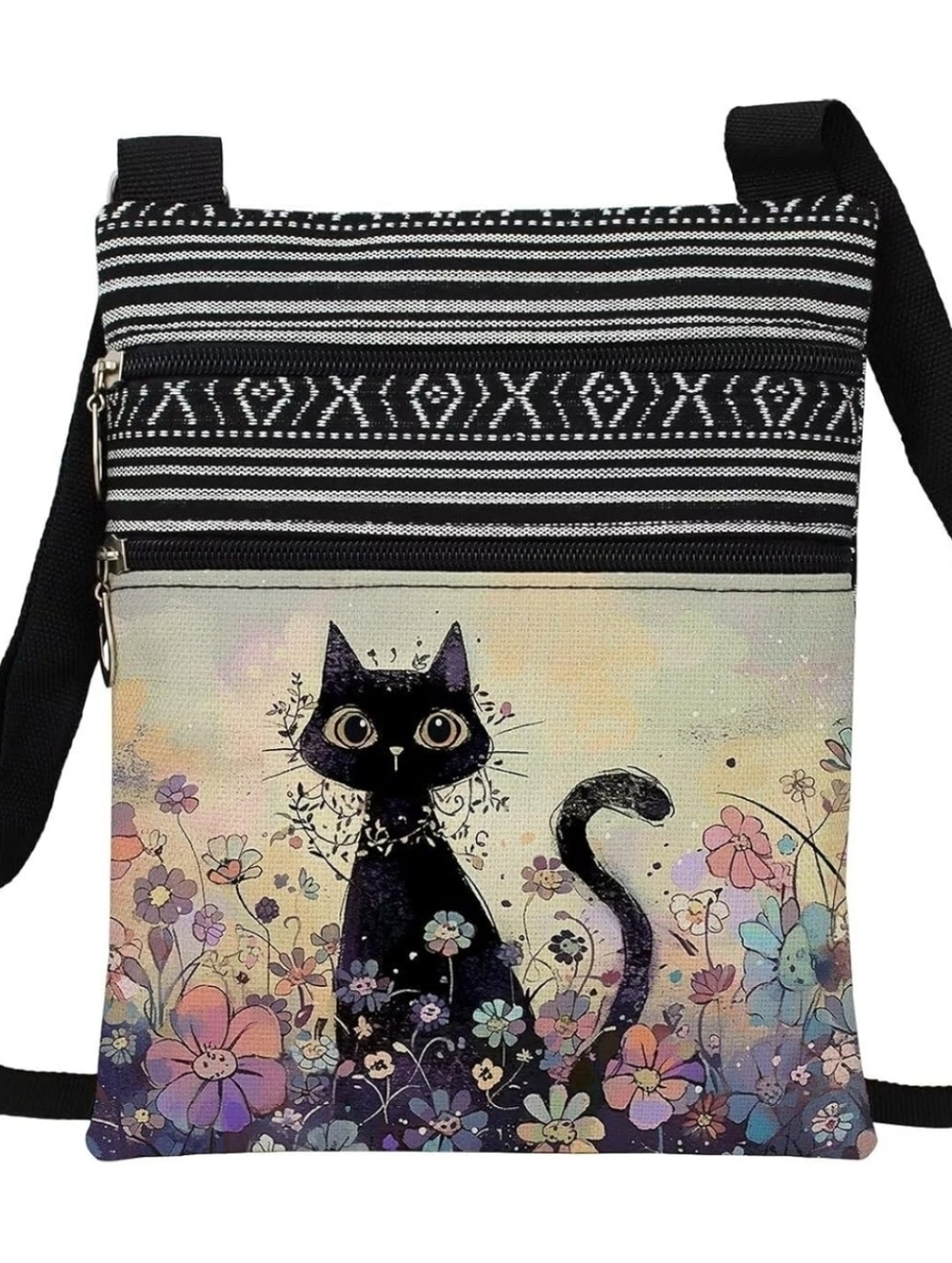NWT Whimsical Black Cat Floral Crossbody Bag | Boho Geo Stripe Canvas Purse